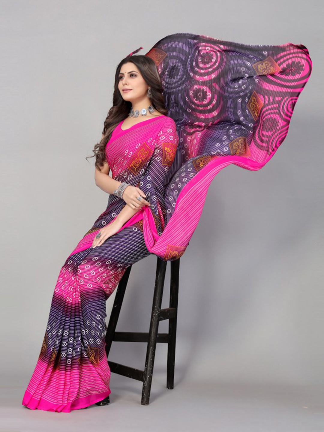 

KALINI Pink & Blue Bandhani Printed Saree