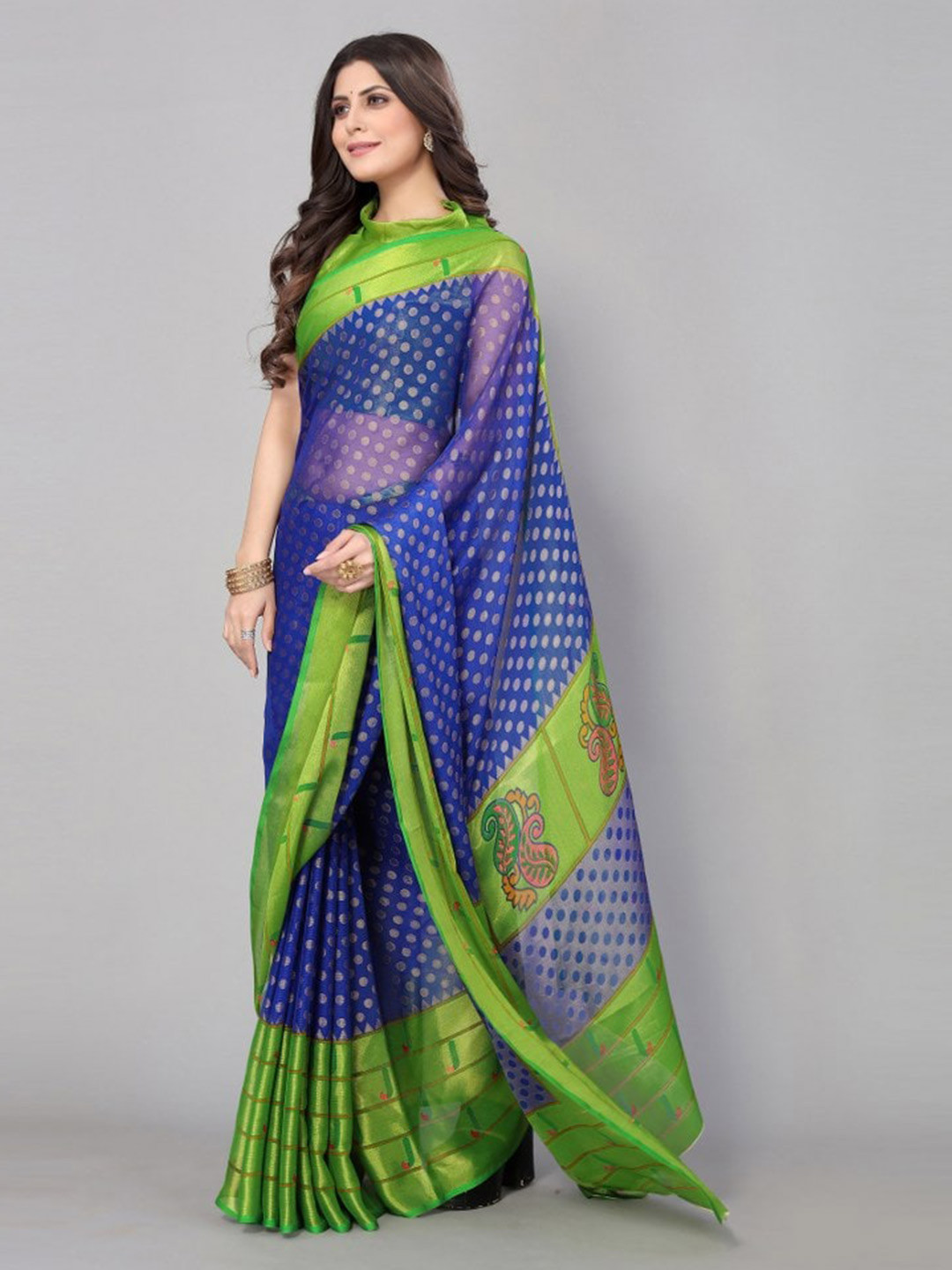 

KALINI Blue & Green Poka Dots Printed Saree