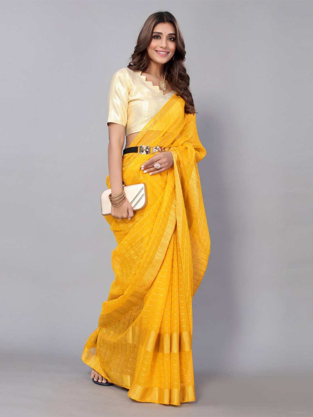 

KALINI Yellow & Gold-Toned Printed Leheriya Zari Saree