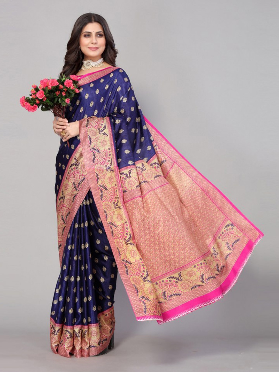 

KALINI Navy Blue & Pink Ethnic Motifs Zari Art Silk Saree