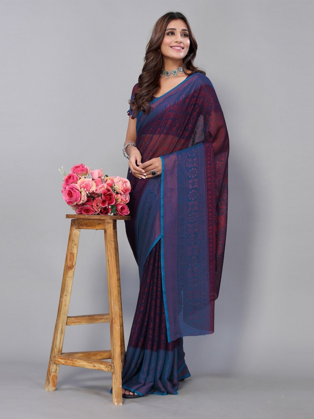 

KALINI Purple & Blue Floral Printed Saree
