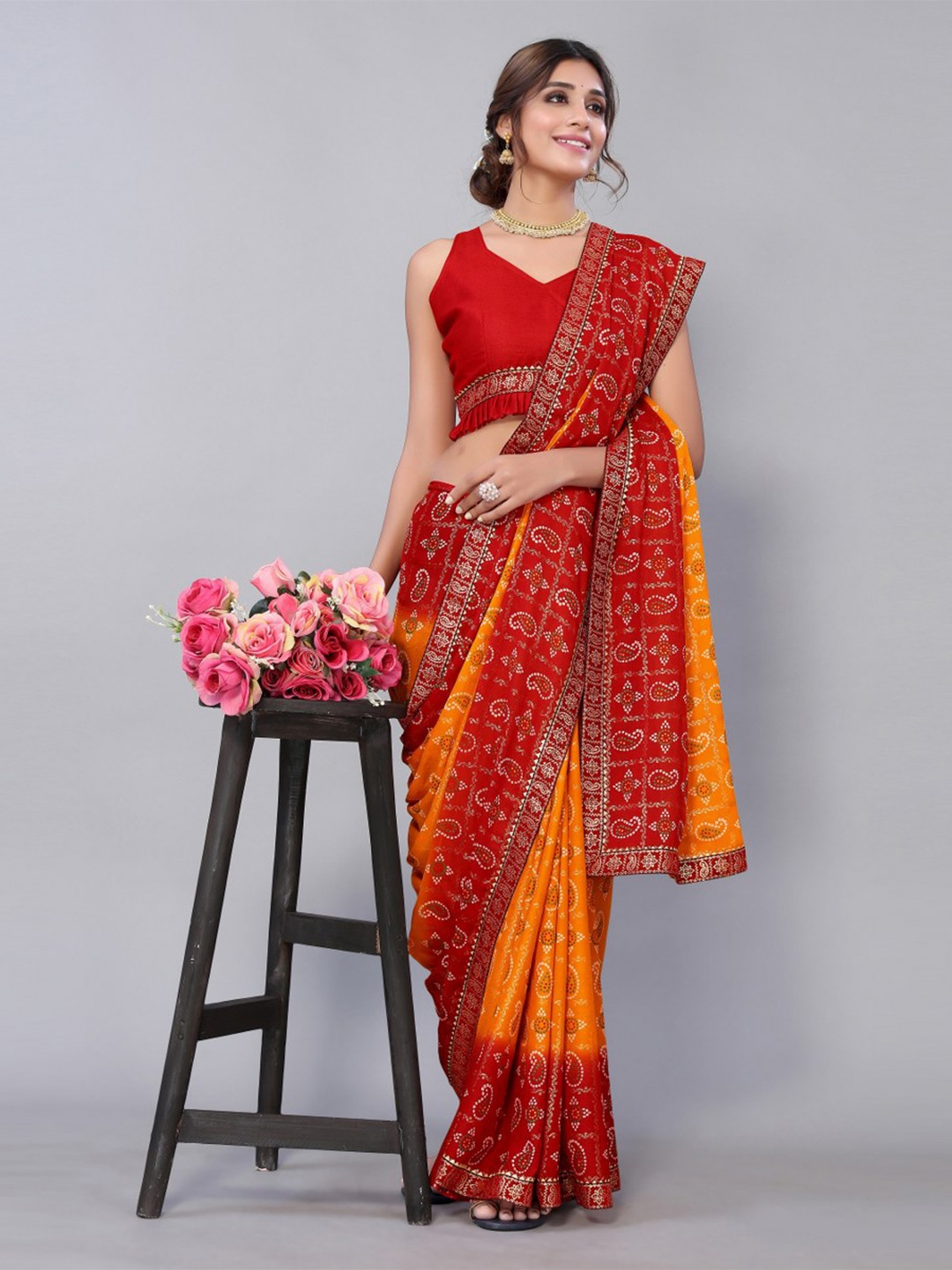 

KALINI Yellow & Red Printed Bandhani Saree