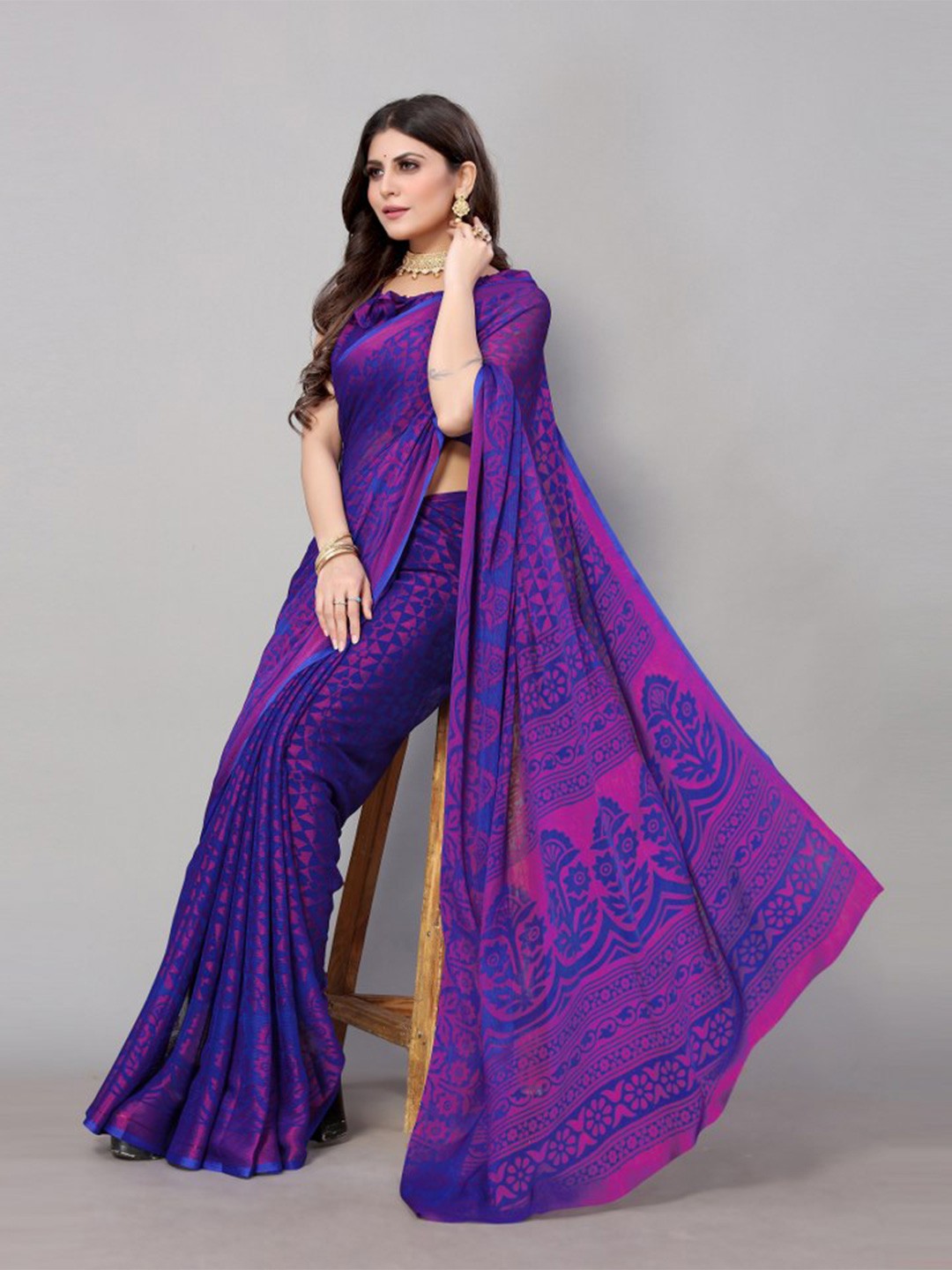 

KALINI Blue & Pink Floral Printed Saree