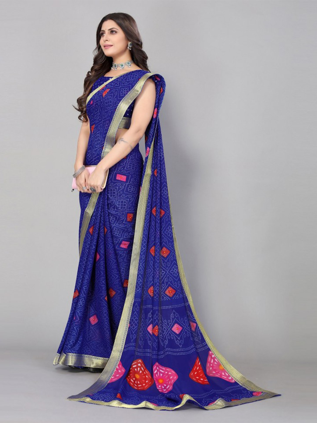 

KALINI Blue & Red Printed Bandhani Saree