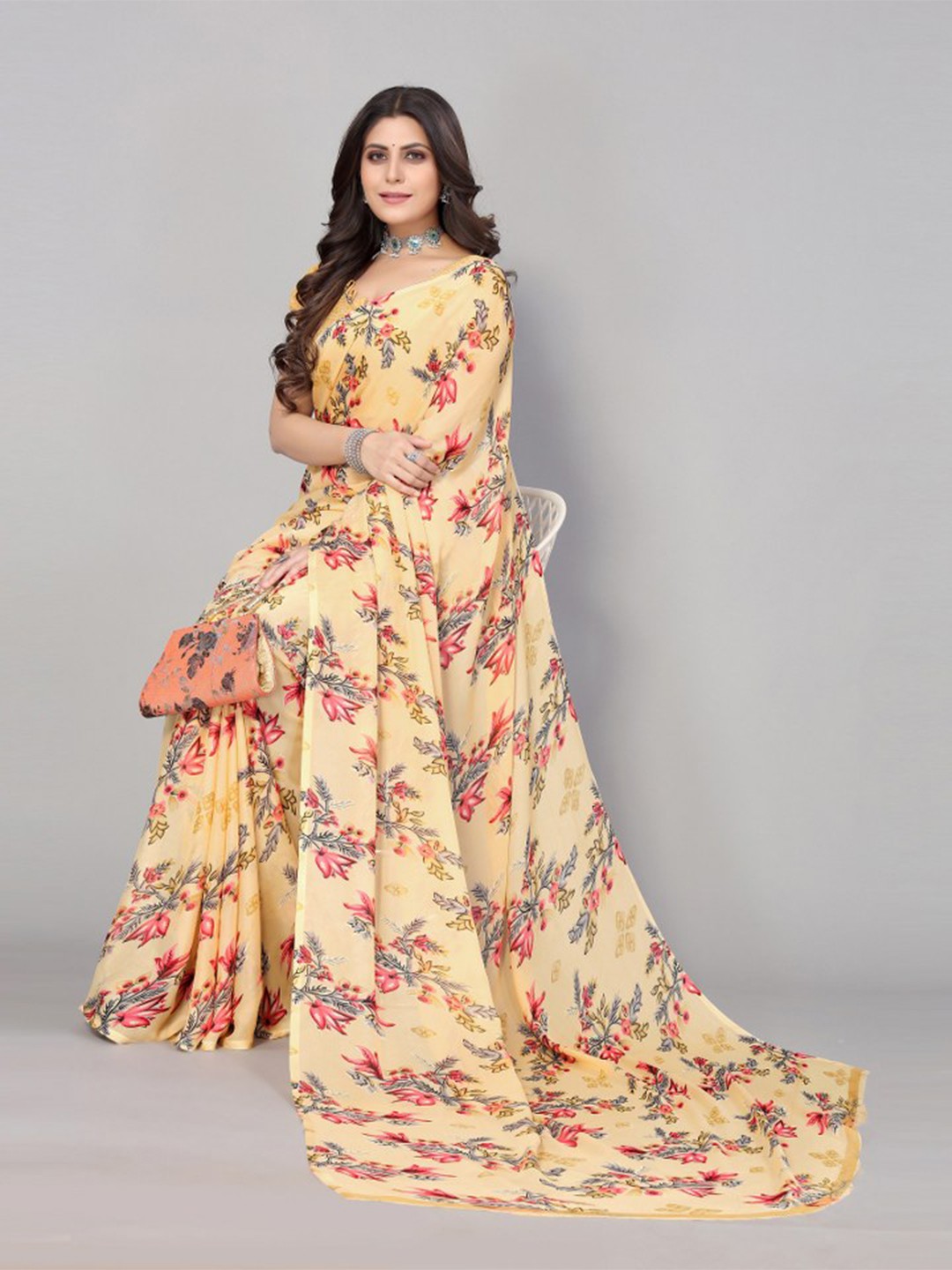 

KALINI Yellow & Red Floral Printed Saree