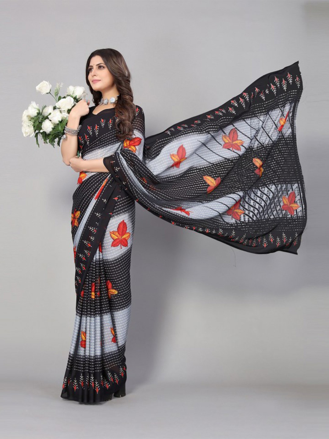 

KALINI Black & Red Floral Printed Saree