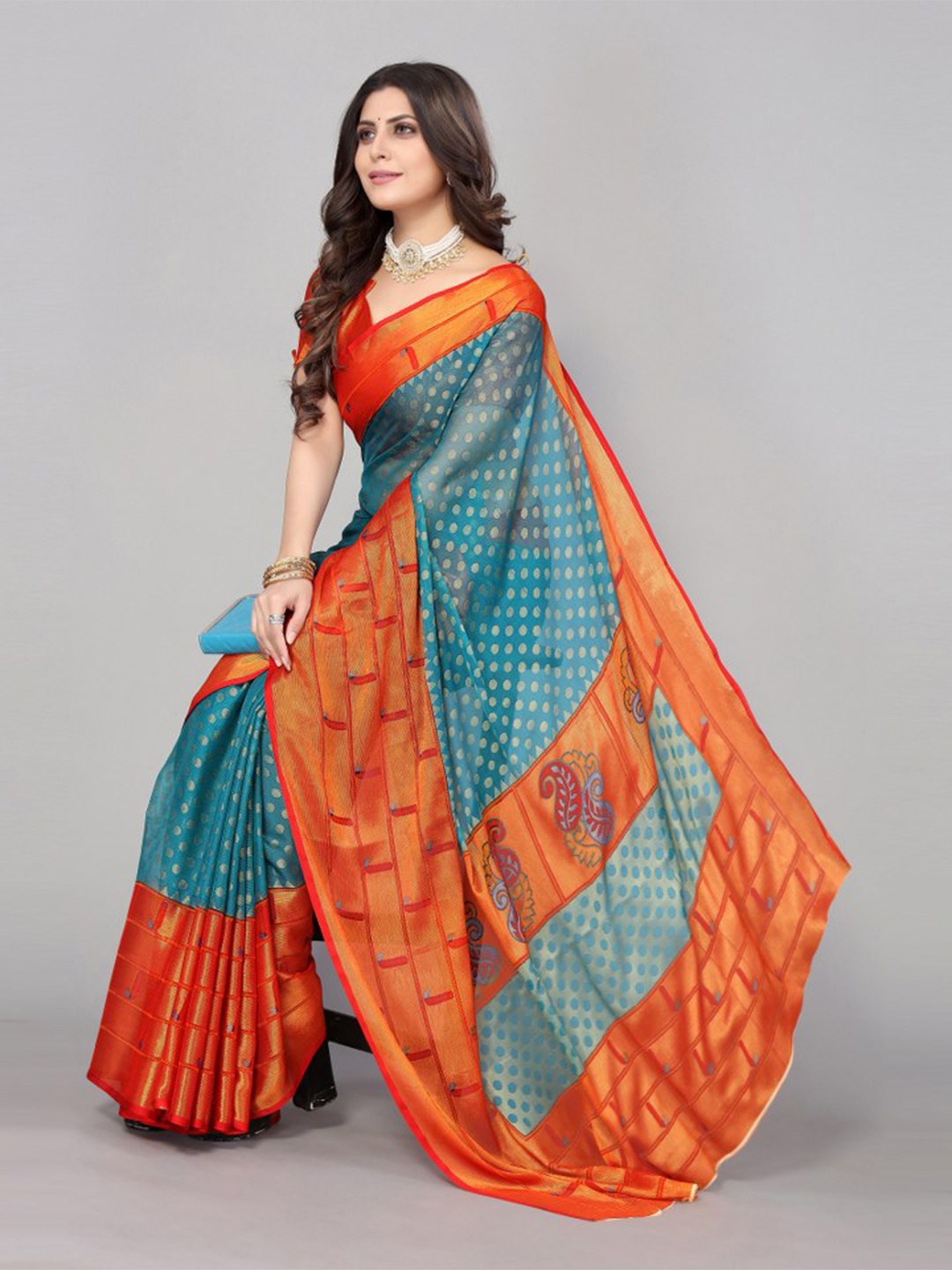 

KALINI Blue & Orange Floral Printed Saree