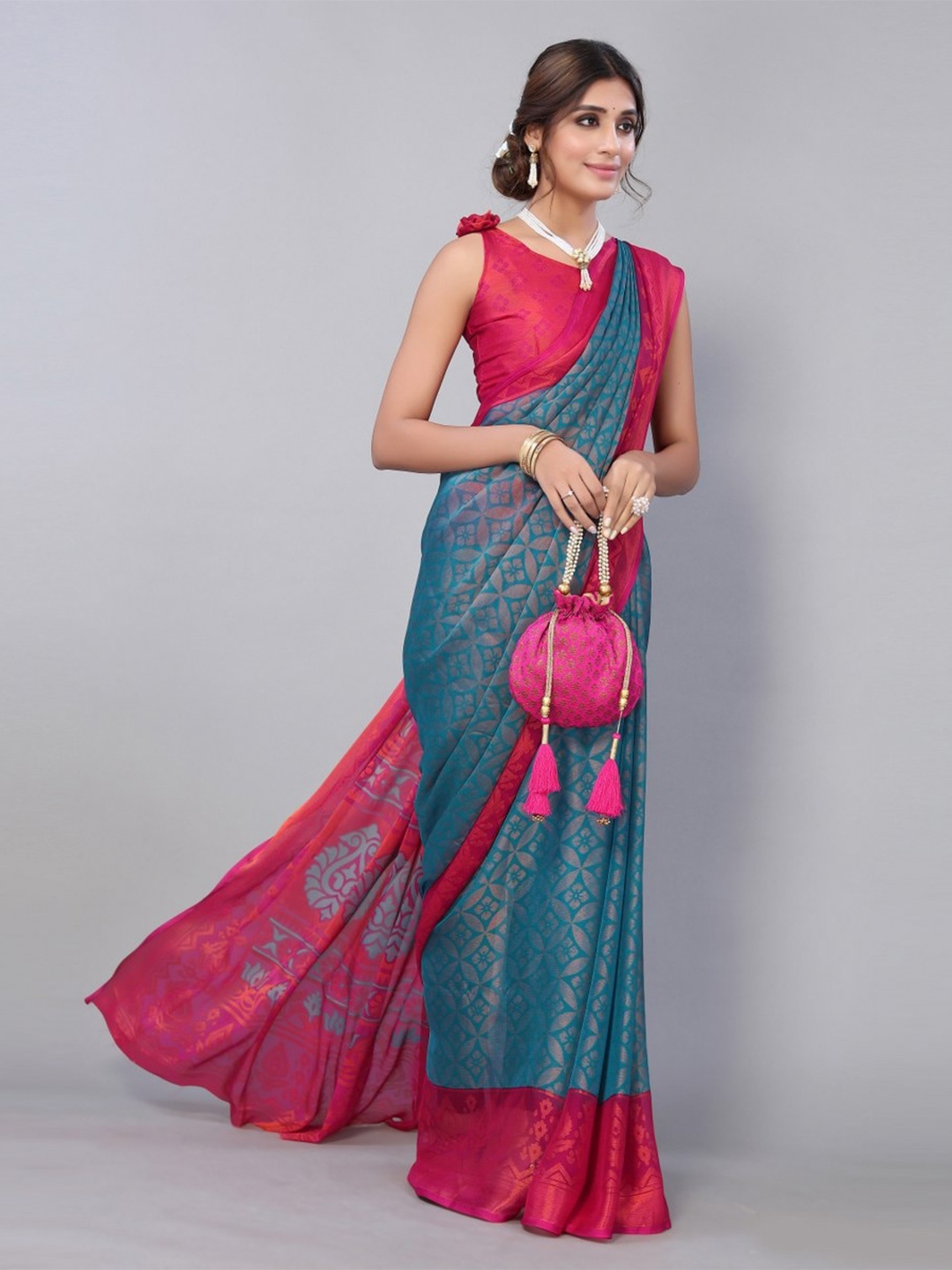 

KALINI Teal & Red Floral Printed Saree
