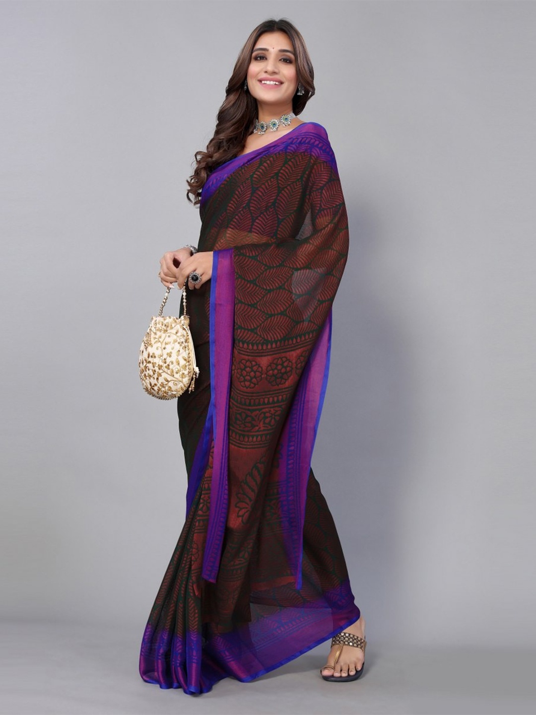 

KALINI Brown & Violet Floral Printed Saree