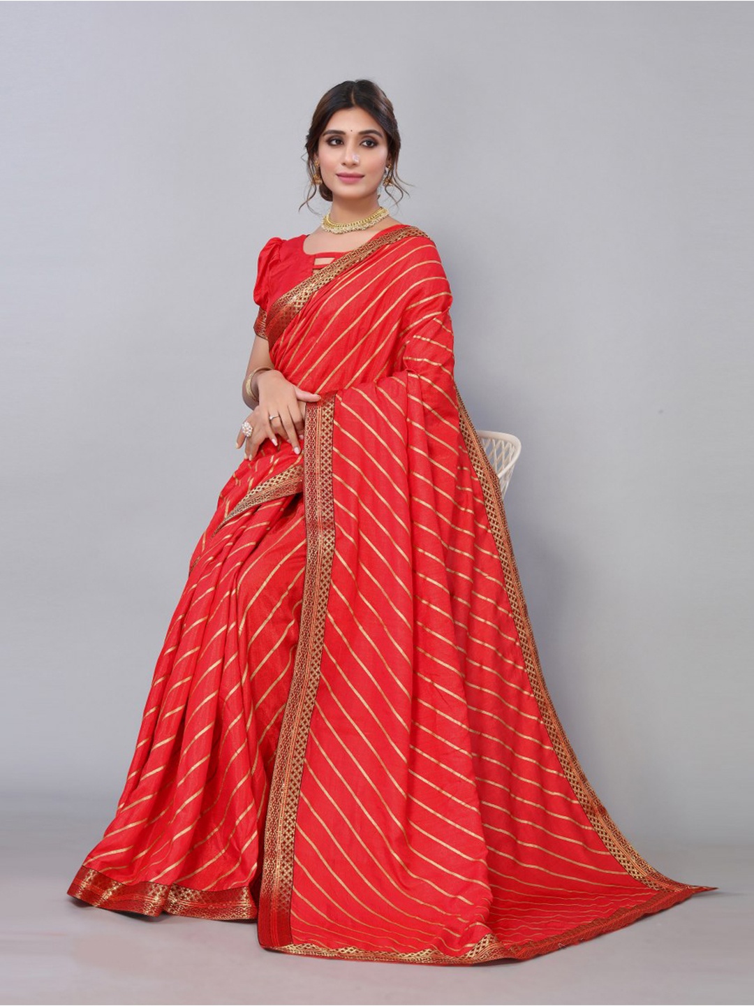 

KALINI Red & Gold-Toned Printed Leheriya Saree