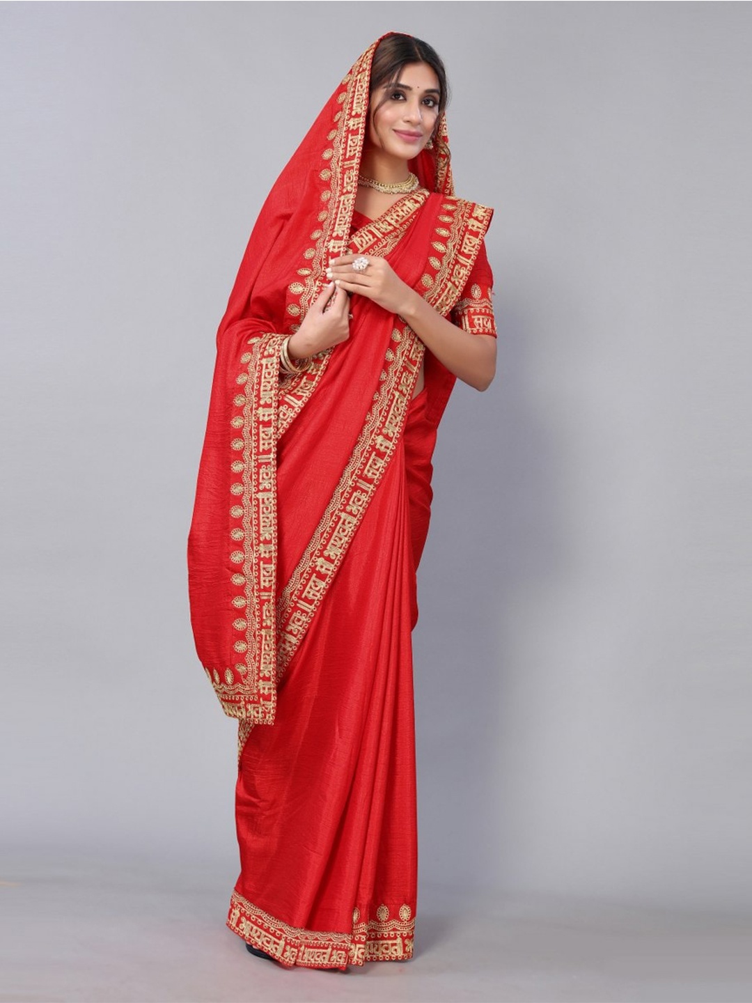 

KALINI Red & Gold-Toned Embroidered Art Silk Saree