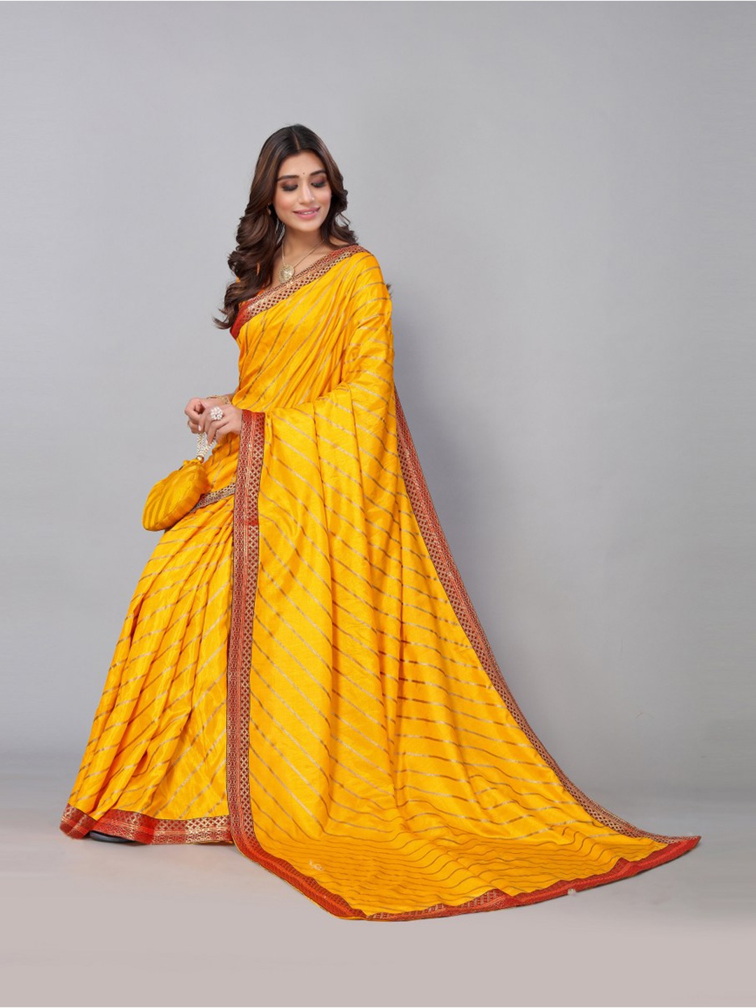 

KALINI Yellow & Red Leheriya Zari Art Silk Leheriya Saree