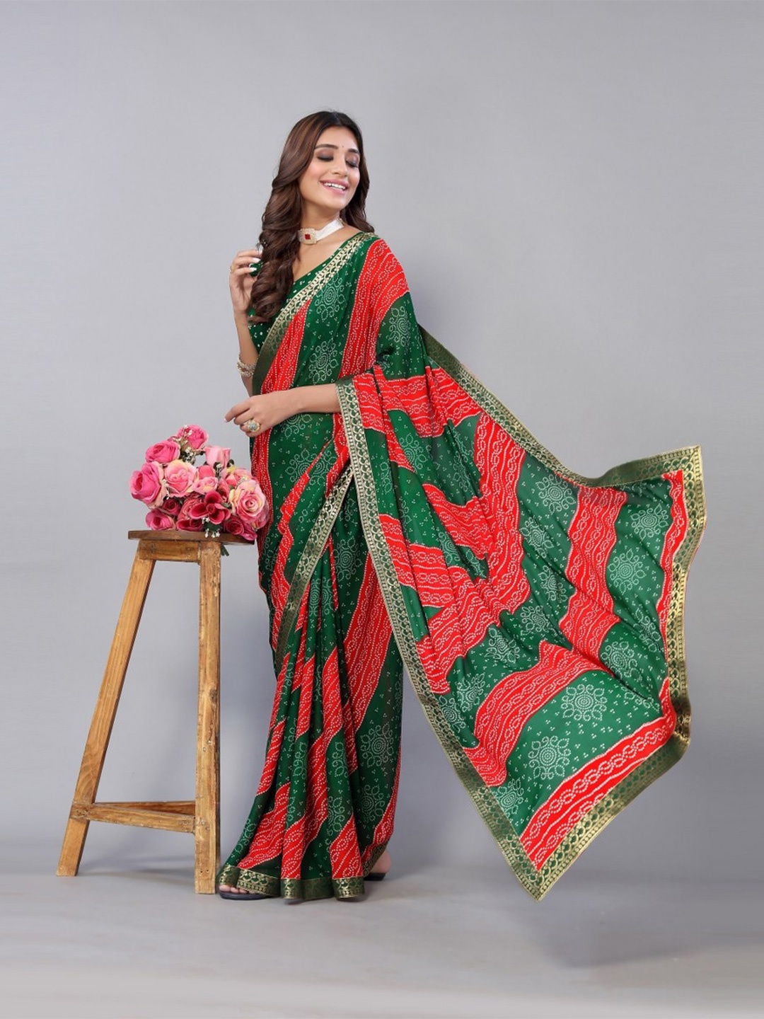 

KALINI Red & Green Printed Bandhani Saree