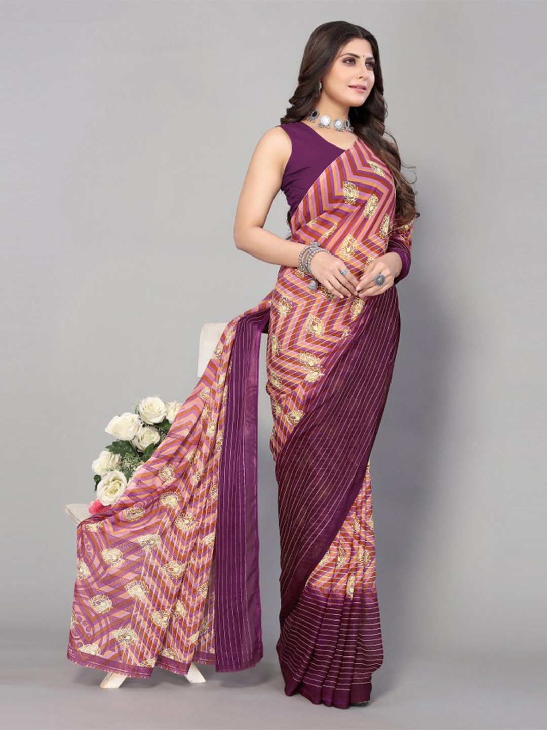 

KALINI Purple & White Leheriya Printed Saree