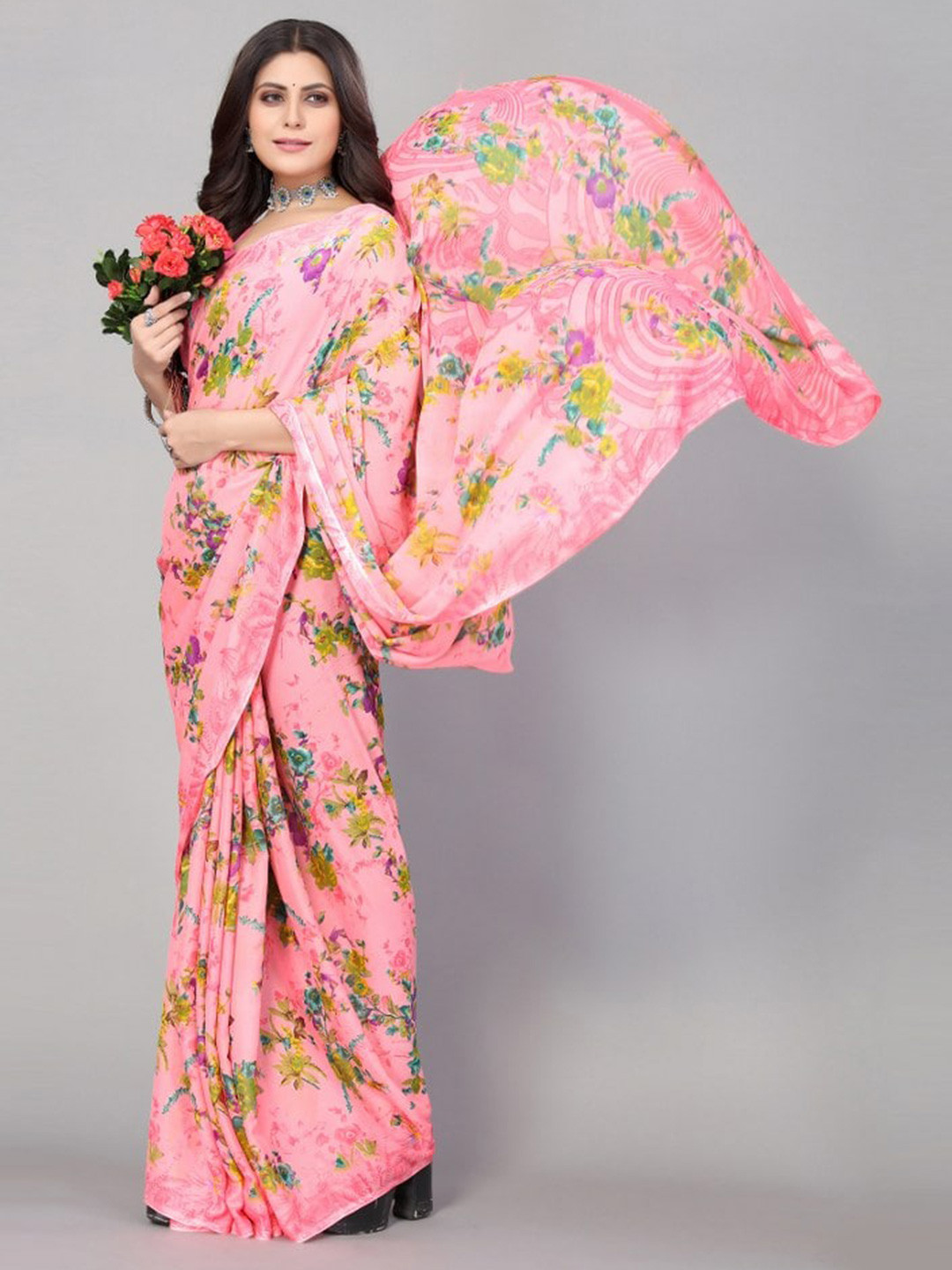 

KALINI Peach-Coloured & Green Floral Printed Saree
