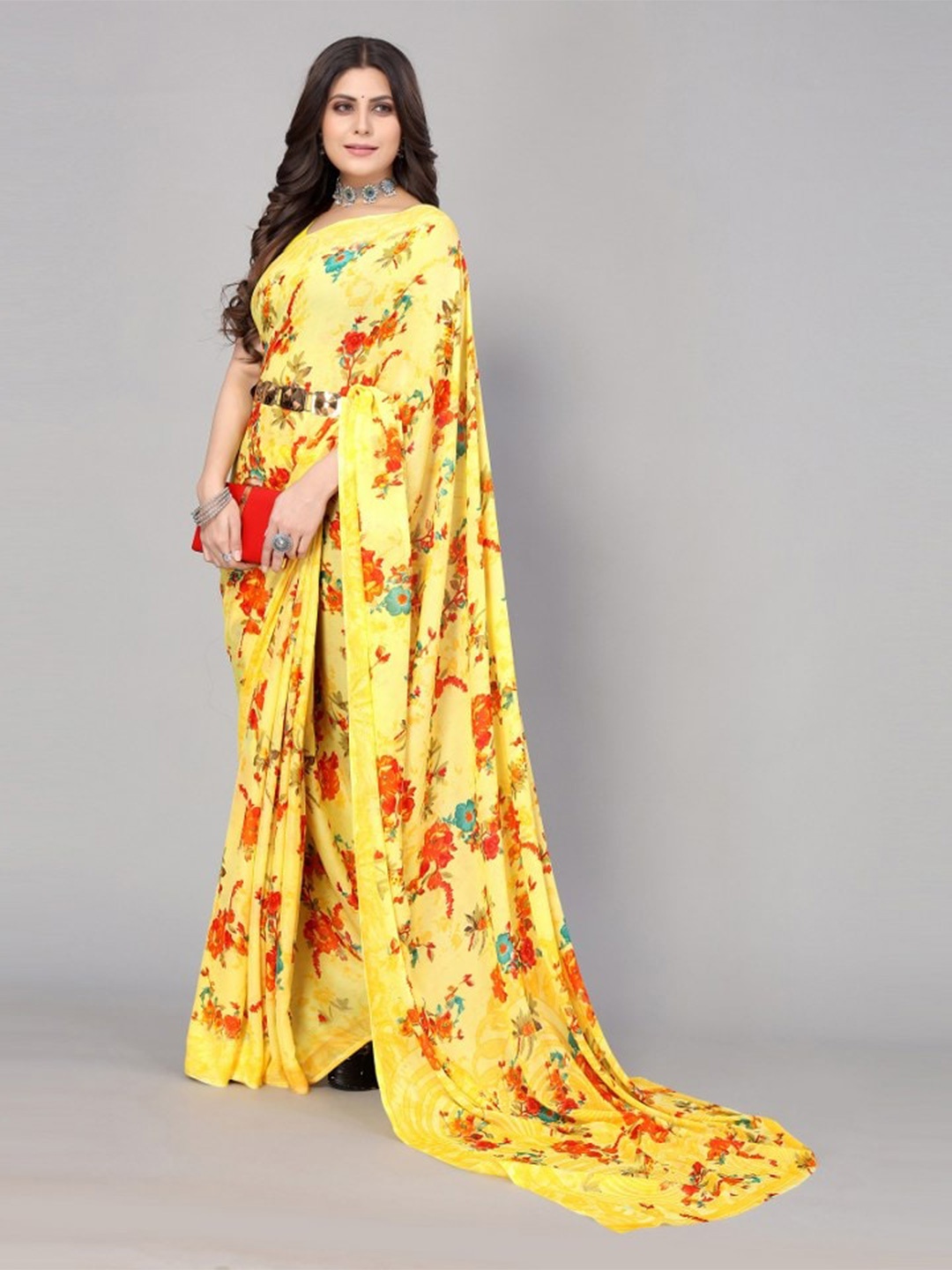 

KALINI Yellow & Red Floral Printed Saree