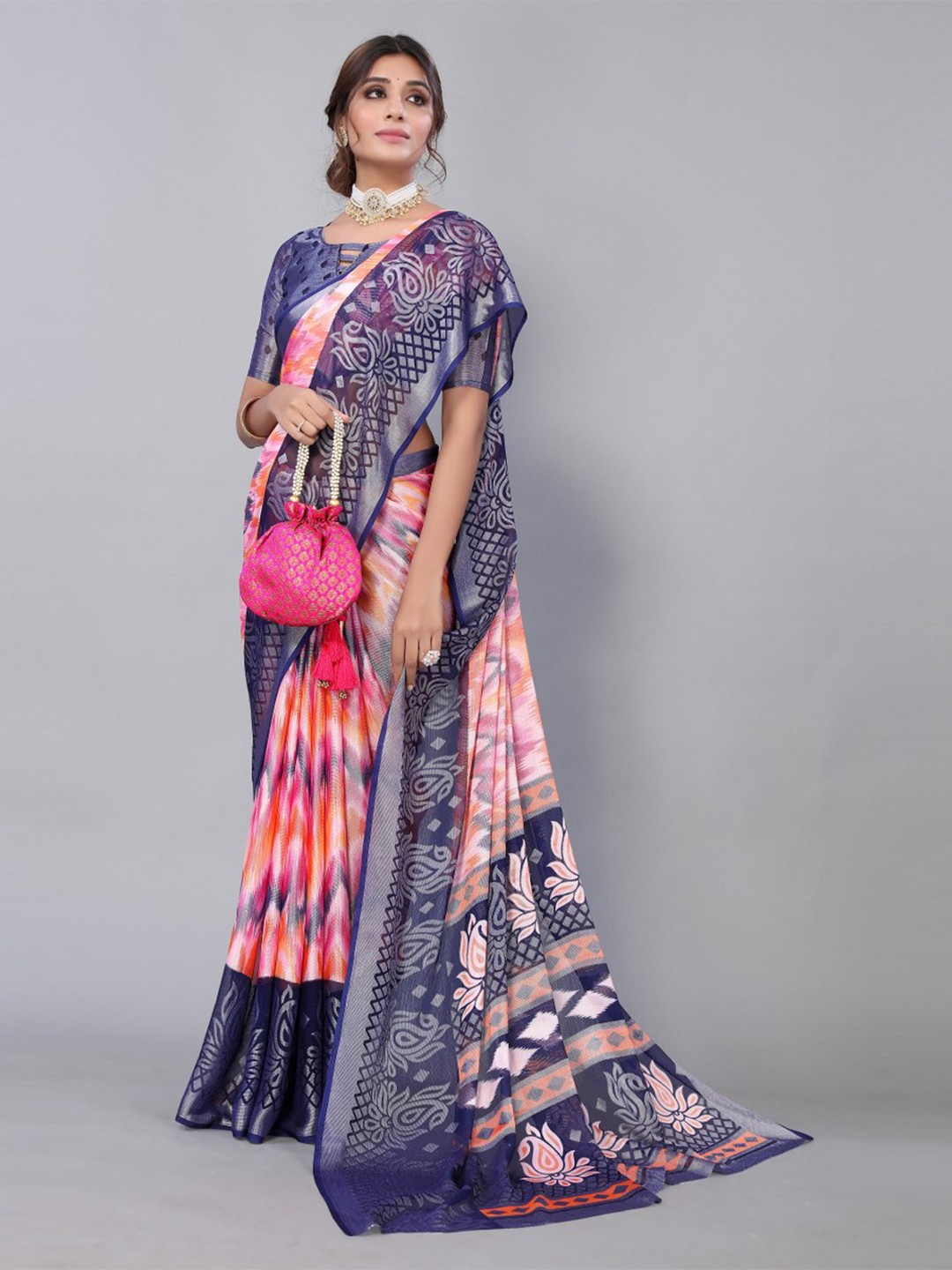 

KALINI Navy Blue & Pink Ethnic Motifs Saree