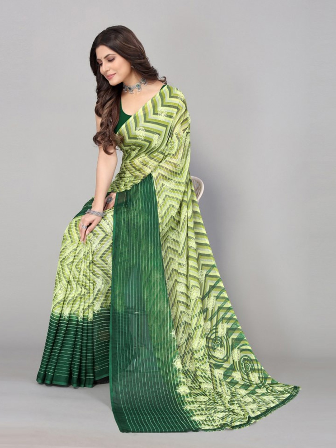 

KALINI Green & Off White Striped Georgette Saree