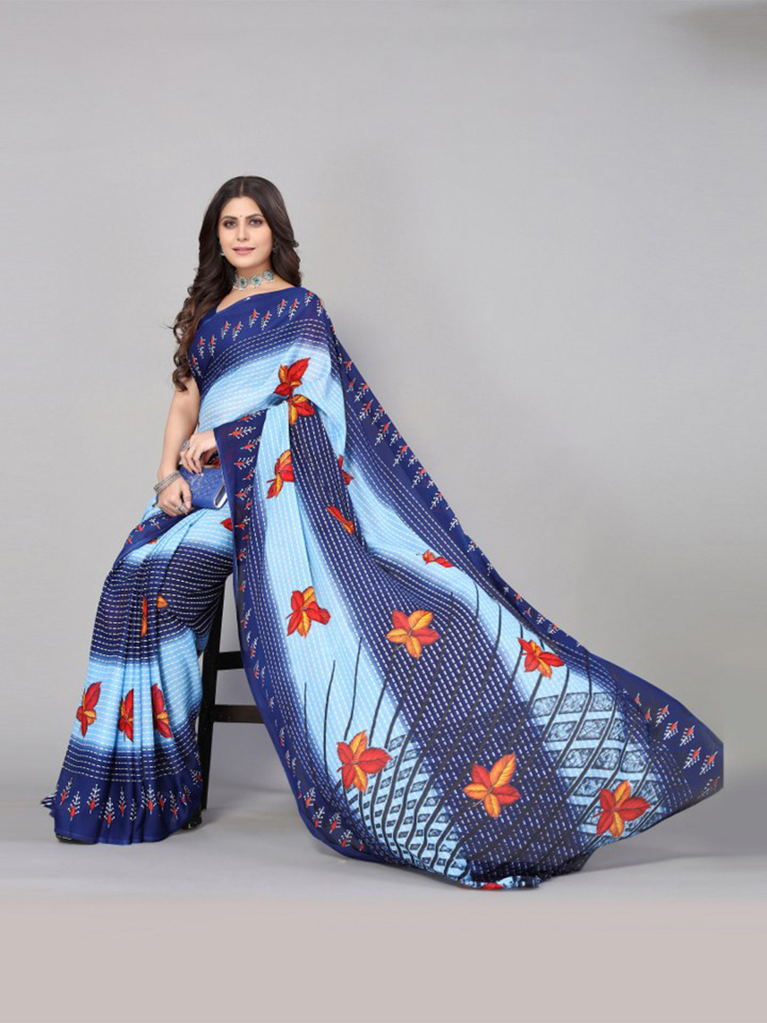 

KALINI Navy Blue & Blue Floral Printed Saree