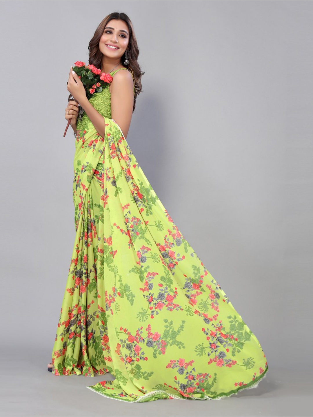 

KALINI Green & Pink Floral Printed Saree