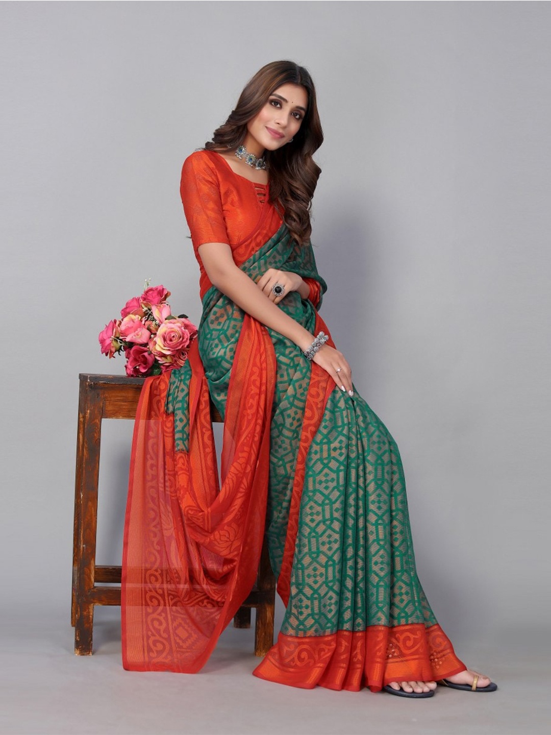 

KALINI Teal & Red Ethnic Motifs Saree