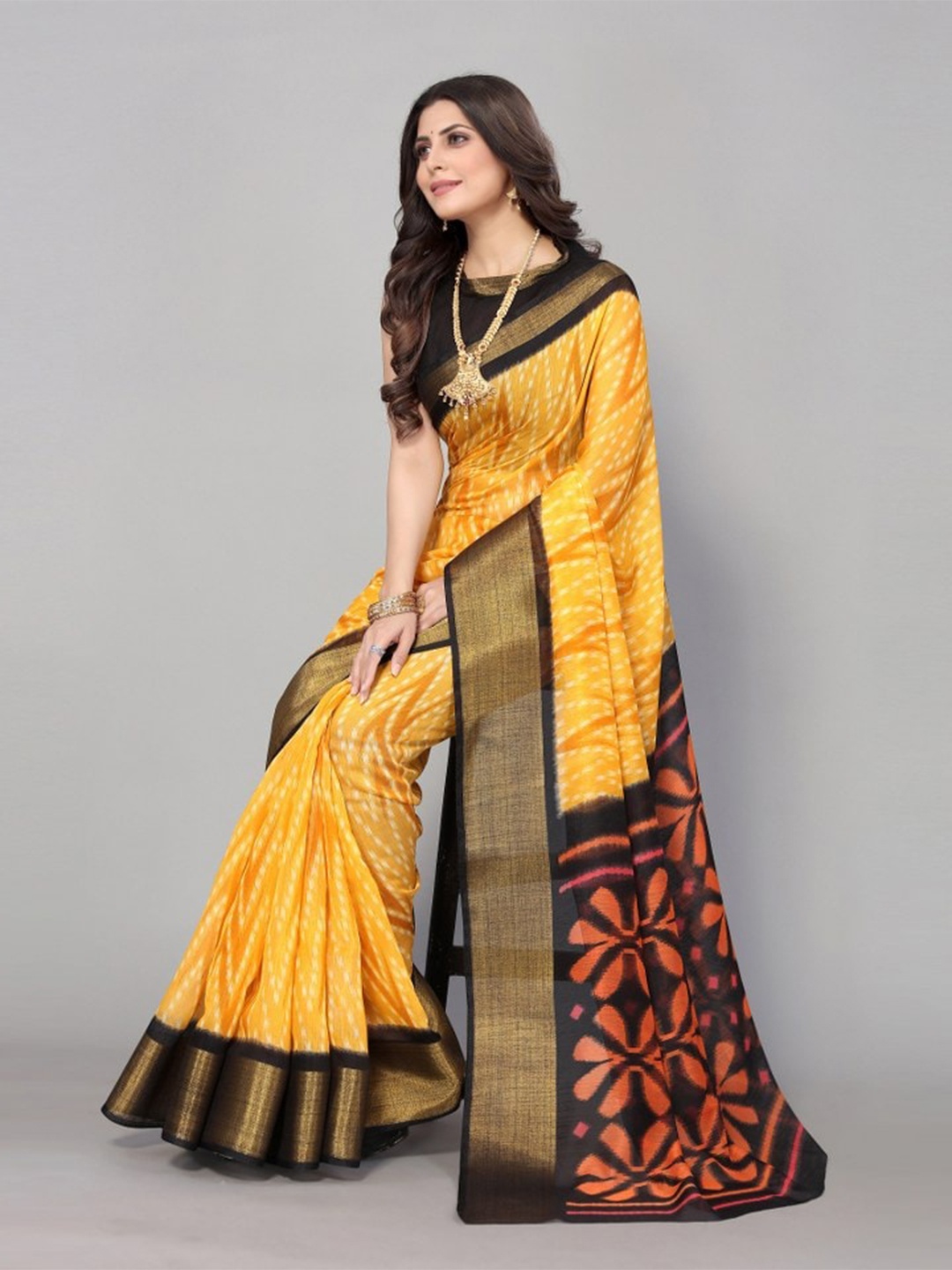 

KALINI Yellow & Orange Floral Printed Zari Saree