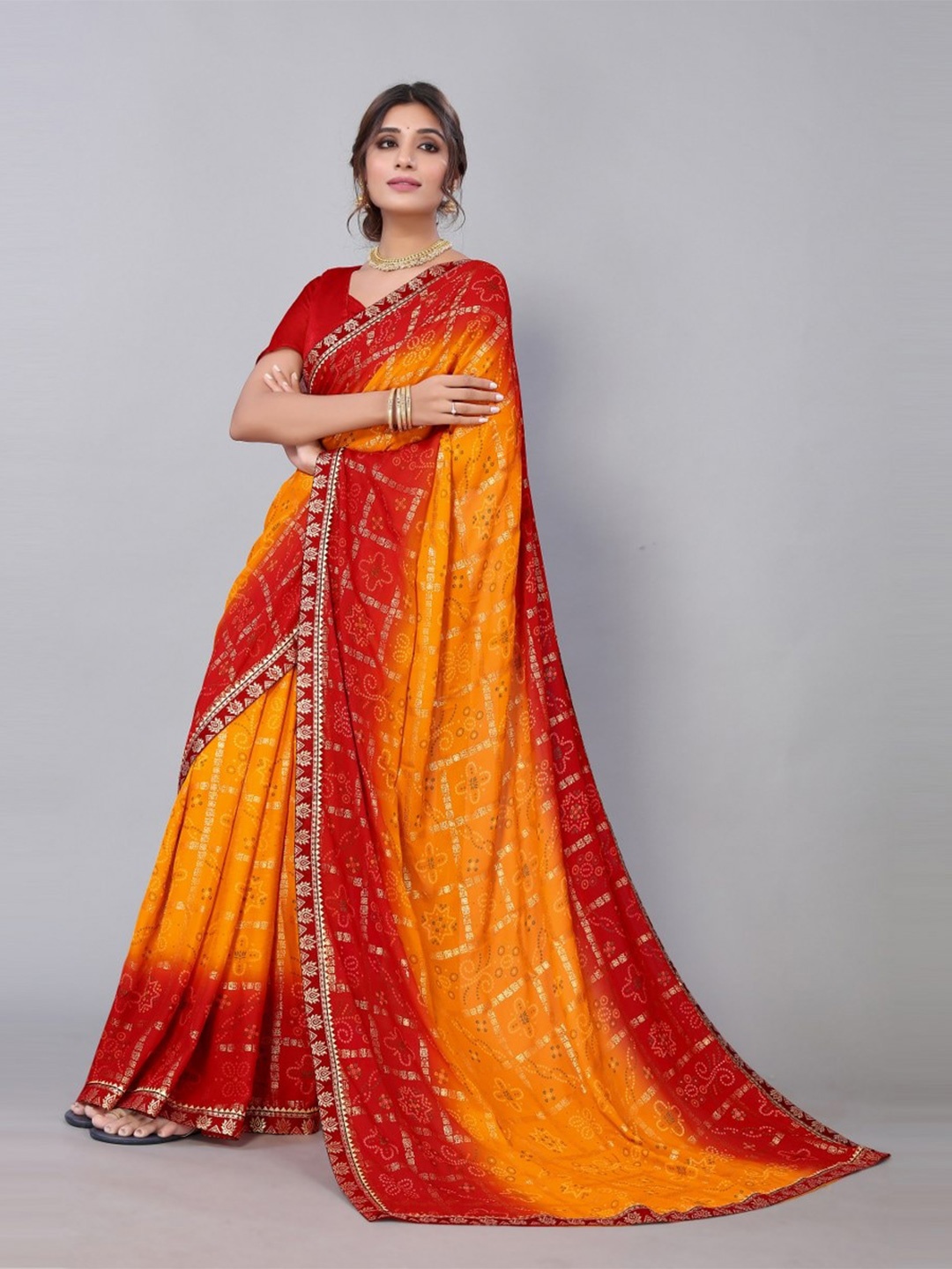 

KALINI Yellow & Red Floral Printed Saree