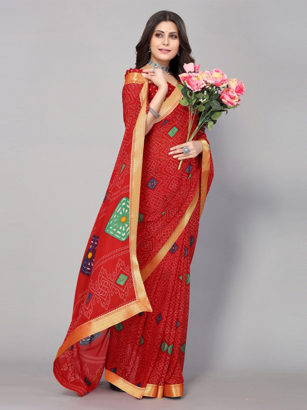 

KALINI Red & Gold-Toned Geometric Printed Saree