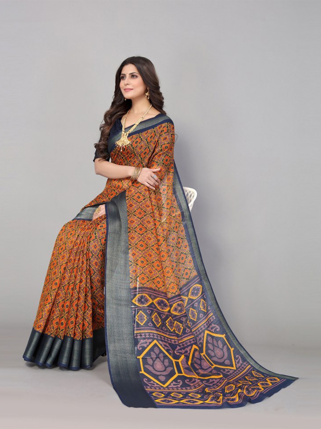 

KALINI Orange & Grey Zari Geometric Printed Saree