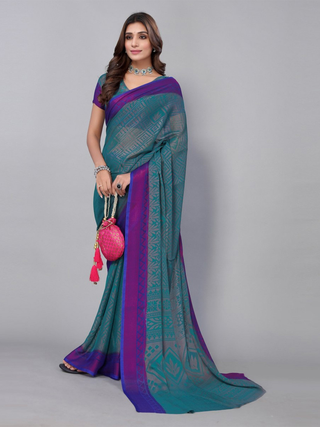 

KALINI Teal & Purple Geometric Printed Saree
