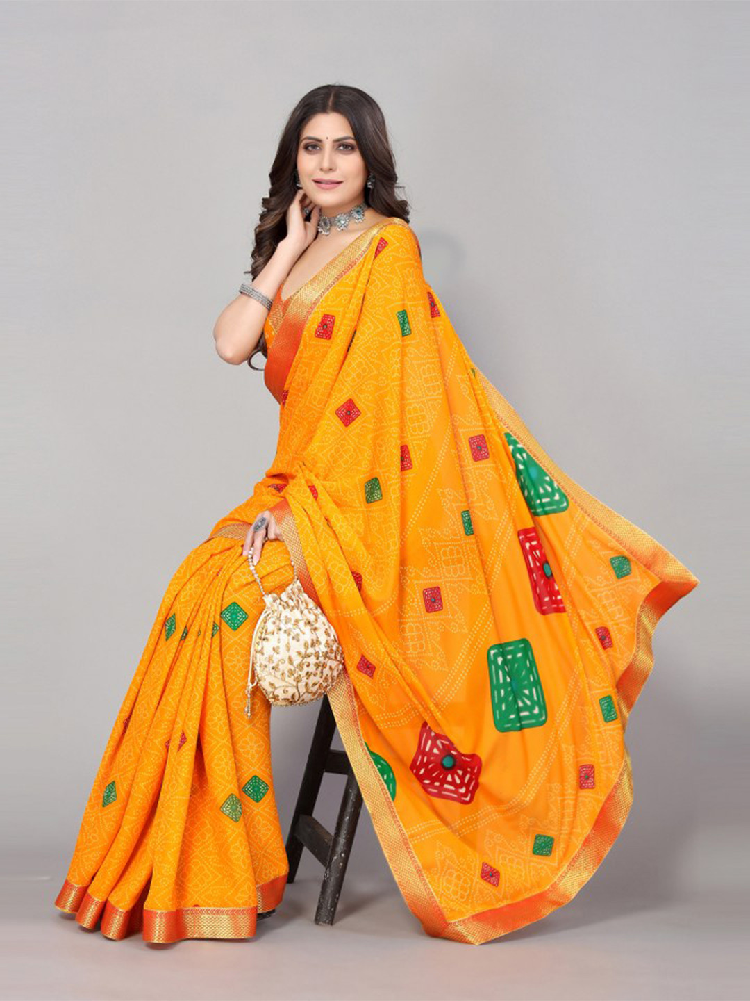 

KALINI Yellow & Green Bandhani Art Silk Saree