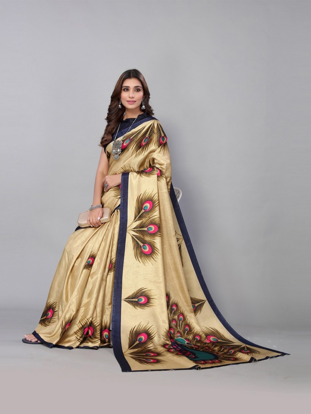 

KALINI Gold-Toned & Navy Blue Ethnic Motifs Saree