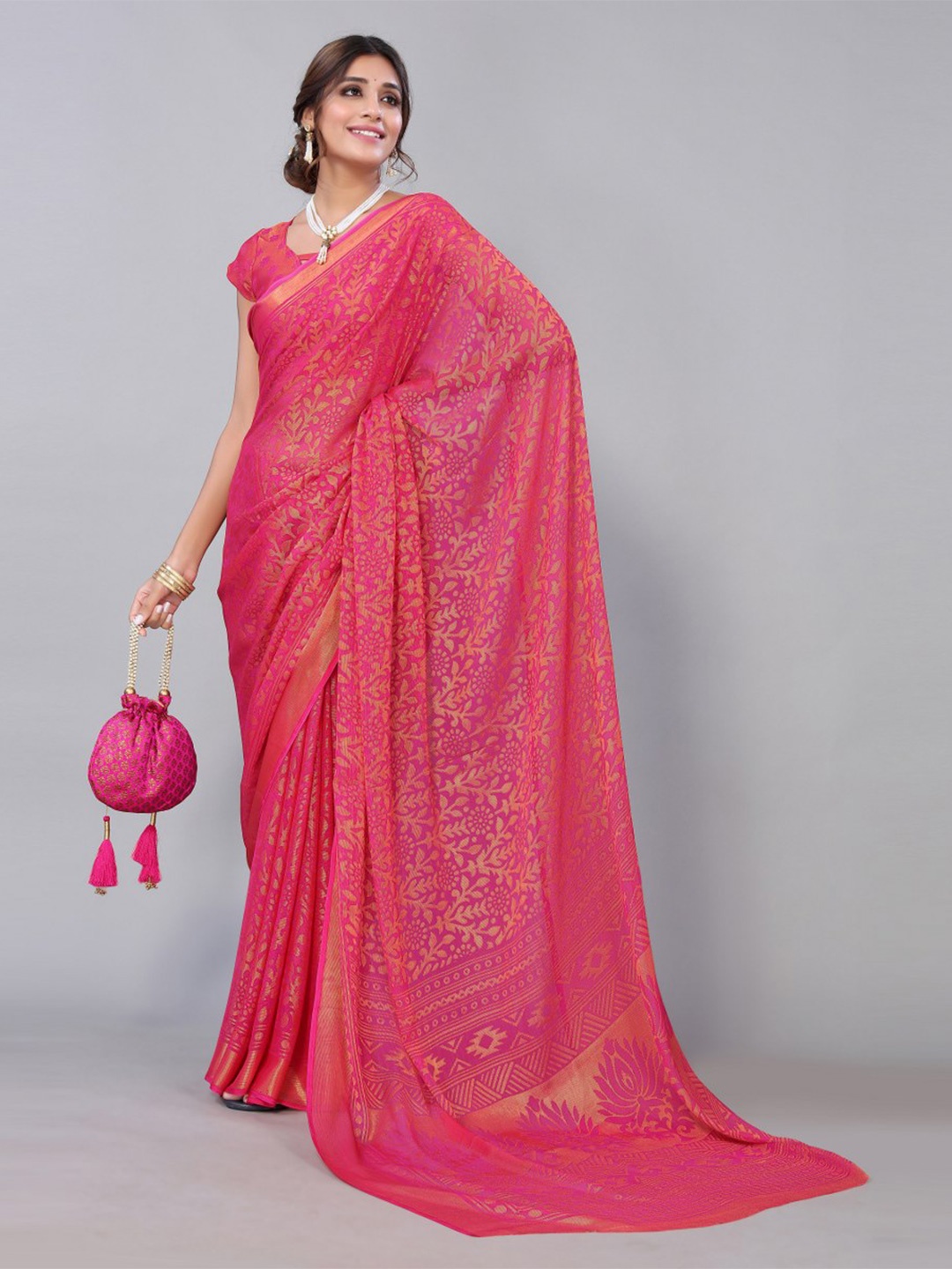 

KALINI Pink & Beige Floral Brasso Saree
