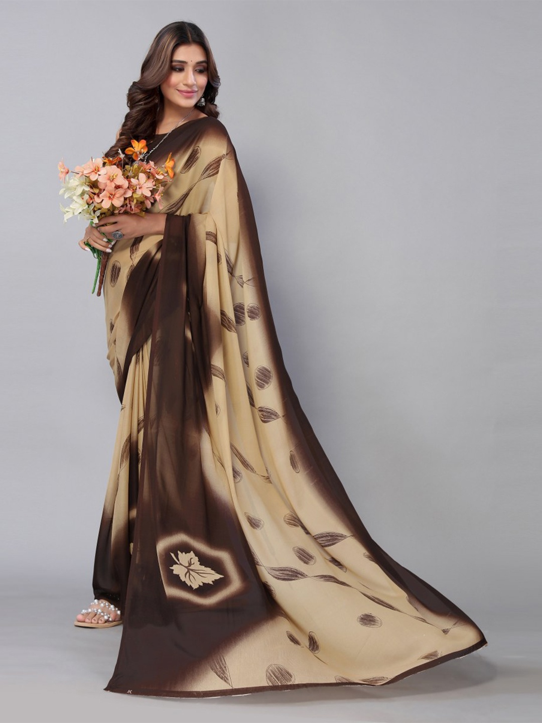 

KALINI Brown & Beige Floral Printed Saree