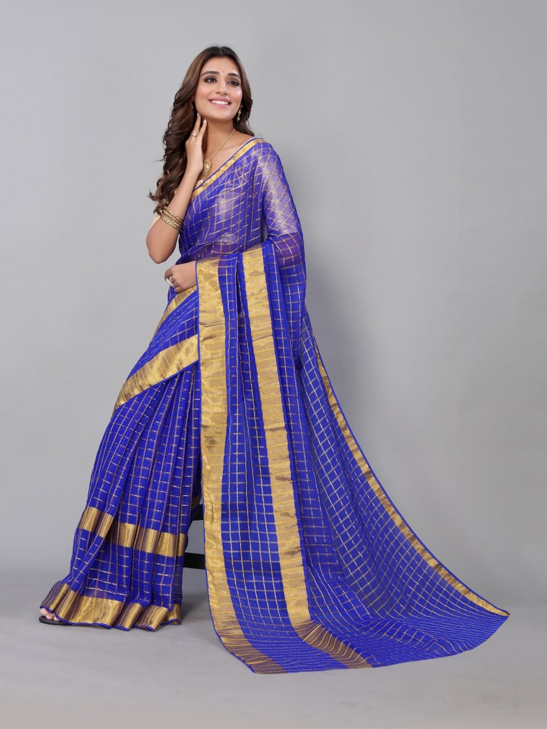 

KALINI Blue & Gold-Toned Checked Zari Saree