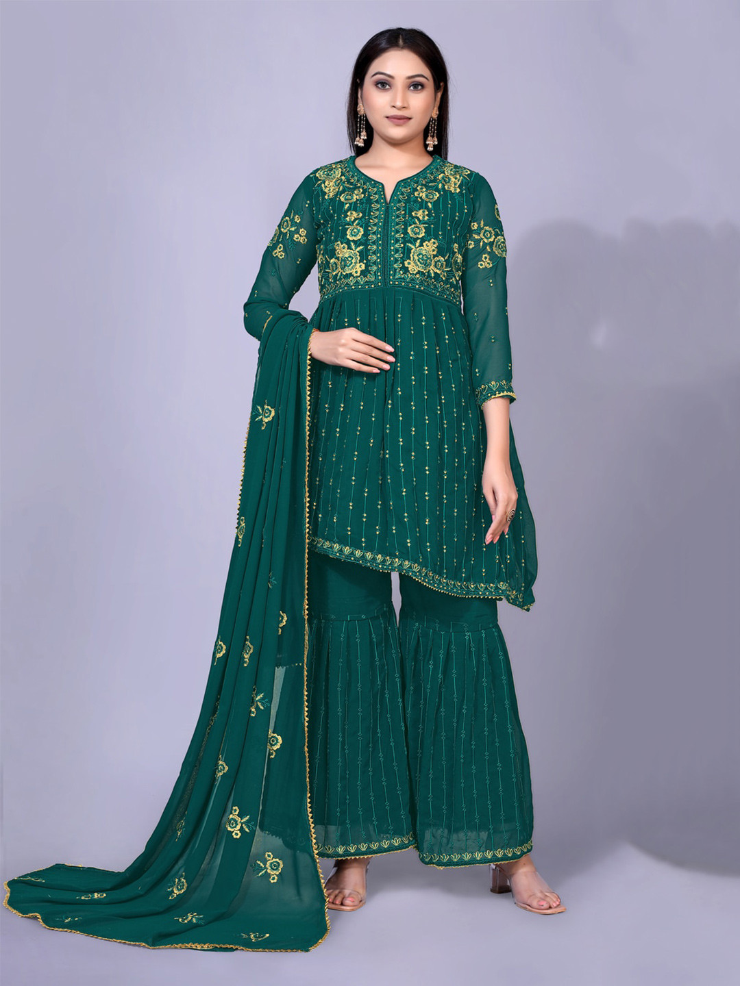 

kasee Green Ethnic Motifs Embroidered Angrakha Beads and Stones Kurta Set