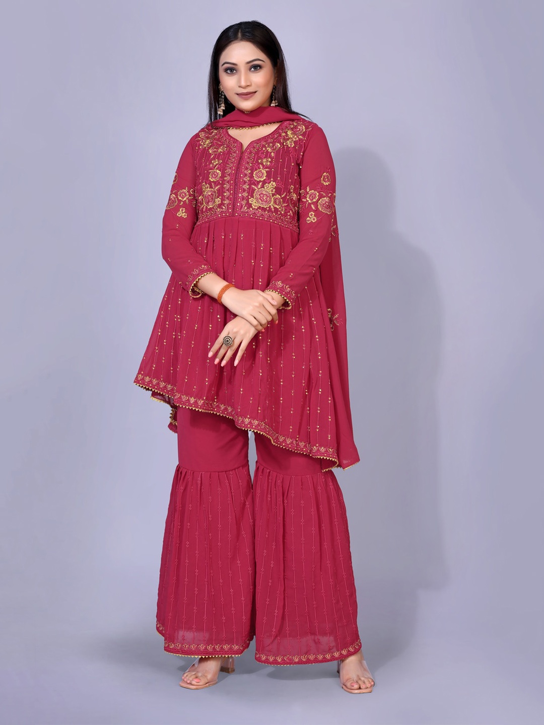 

kasee Fuchsia Ethnic Motifs Embroidered Angrakha Beads and Stones Kurta Set