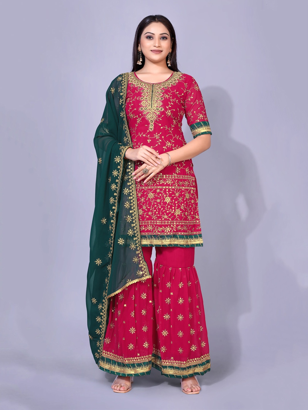 

kasee Fuchsia Ethnic Motifs Embroidered Sequinned Kurti with Sharara & With Dupatta