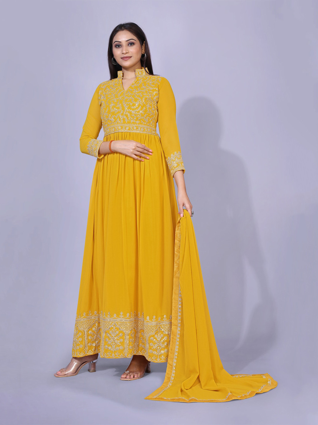 

kasee Yellow Paisley Embroidered Grandeur & Majestic Artwork Georgette Anarkali Kurta