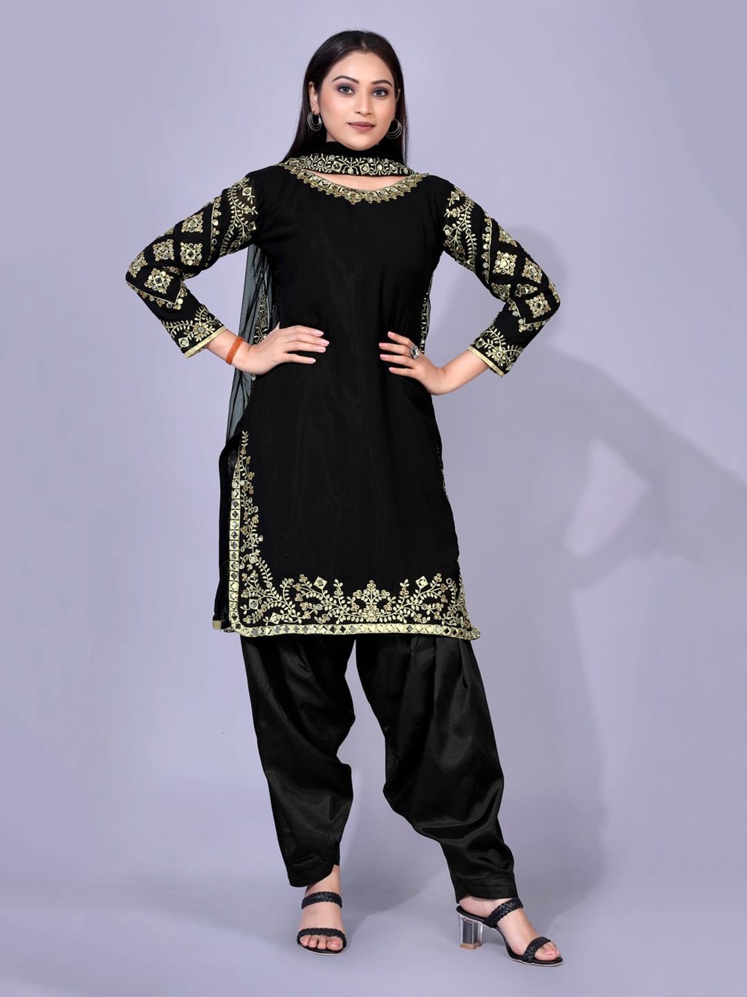 

kasee Women Black Ethnic Motifs Embroidered Mirror Work Silk Georgette Kurta with Patiala & With Dupatta