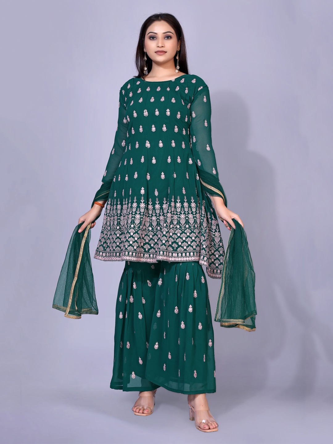 

kasee Women Green Ethnic Motifs Embroidered Panelled Mirror Work Silk Georgette Kurta with Sharara & With