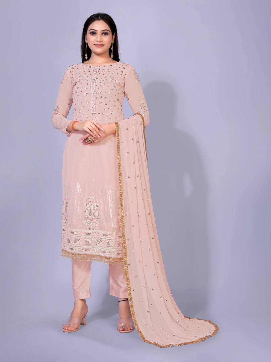 

kasee Women Peach-Coloured Ethnic Motifs Embroidered Sequinned Silk Georgette Kurta with Churidar & With