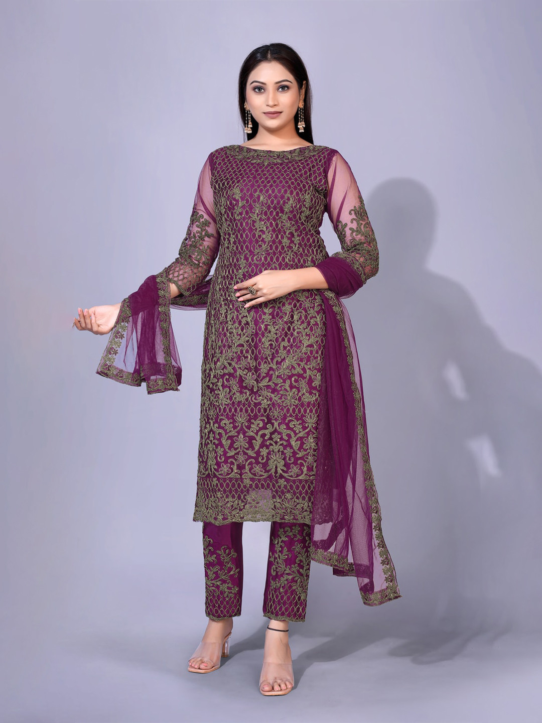 

kasee Women Purple Floral Embroidered Thread Work Kurta with Churidar & With Dupatta