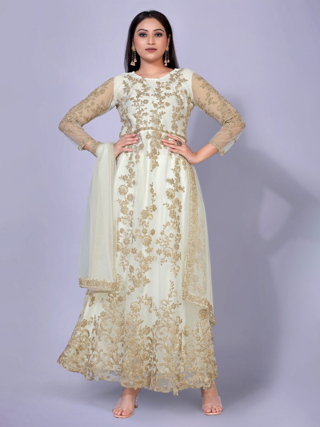 

kasee White & Gold-Toned Floral Embroidered Net Ethnic Maxi Maxi Dress