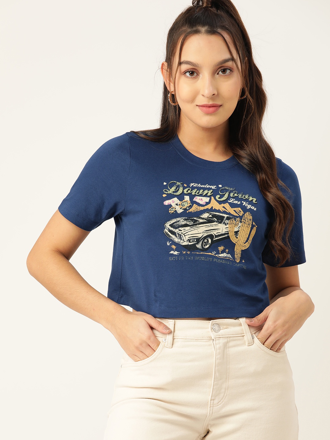 

DressBerry Printed Crop Pure Cotton Top, Navy blue