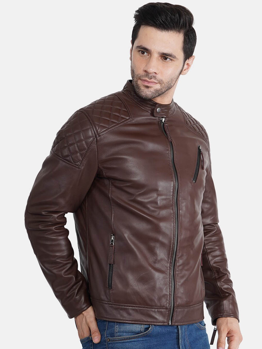 

BuckleUp Men Brown Leather Biker Jacket