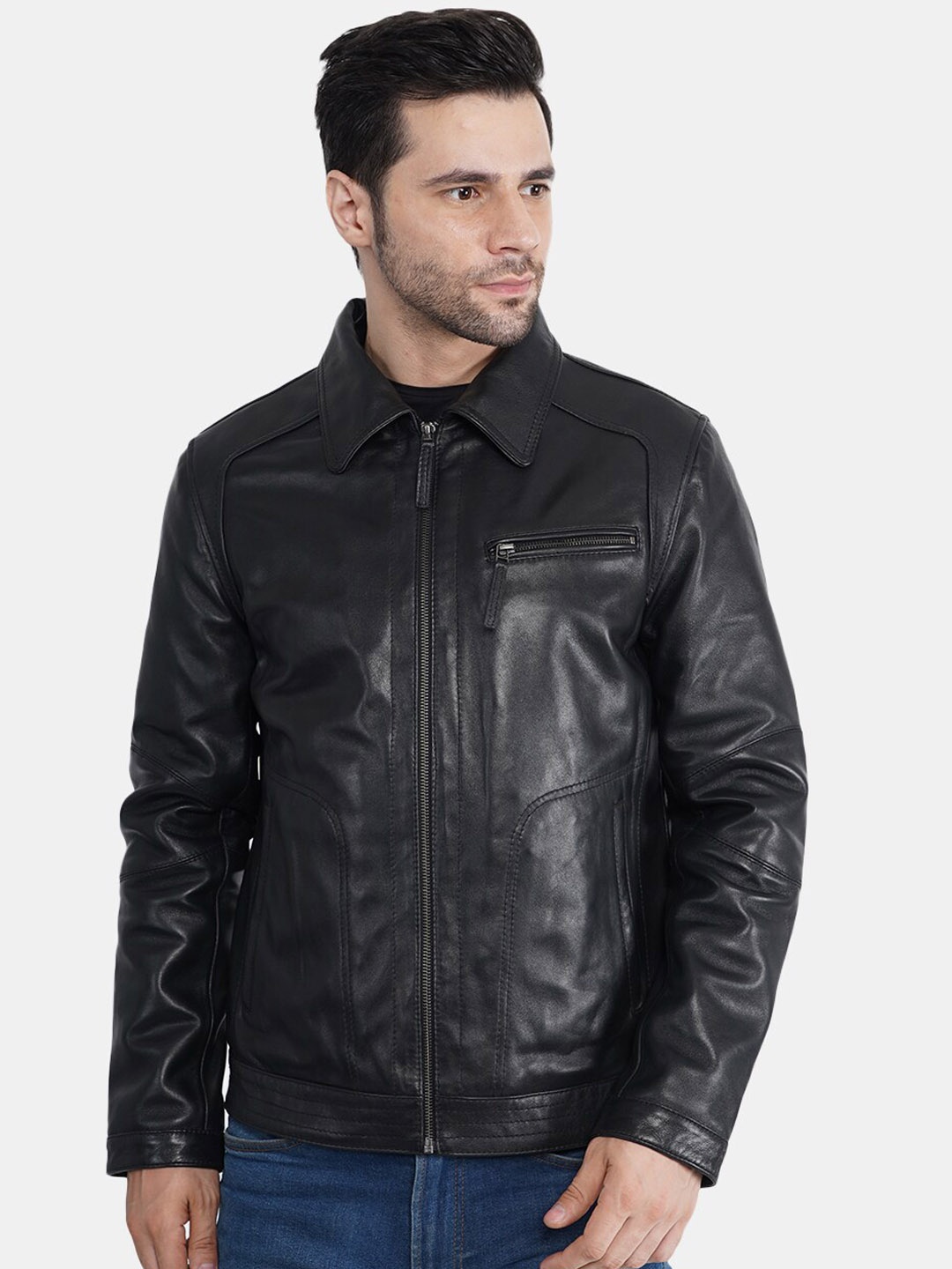 

BuckleUp Men Black Leather Bomber Jacket