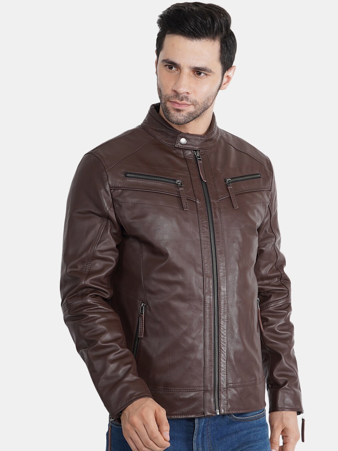 

BuckleUp Men Brown Leather Biker Jacket