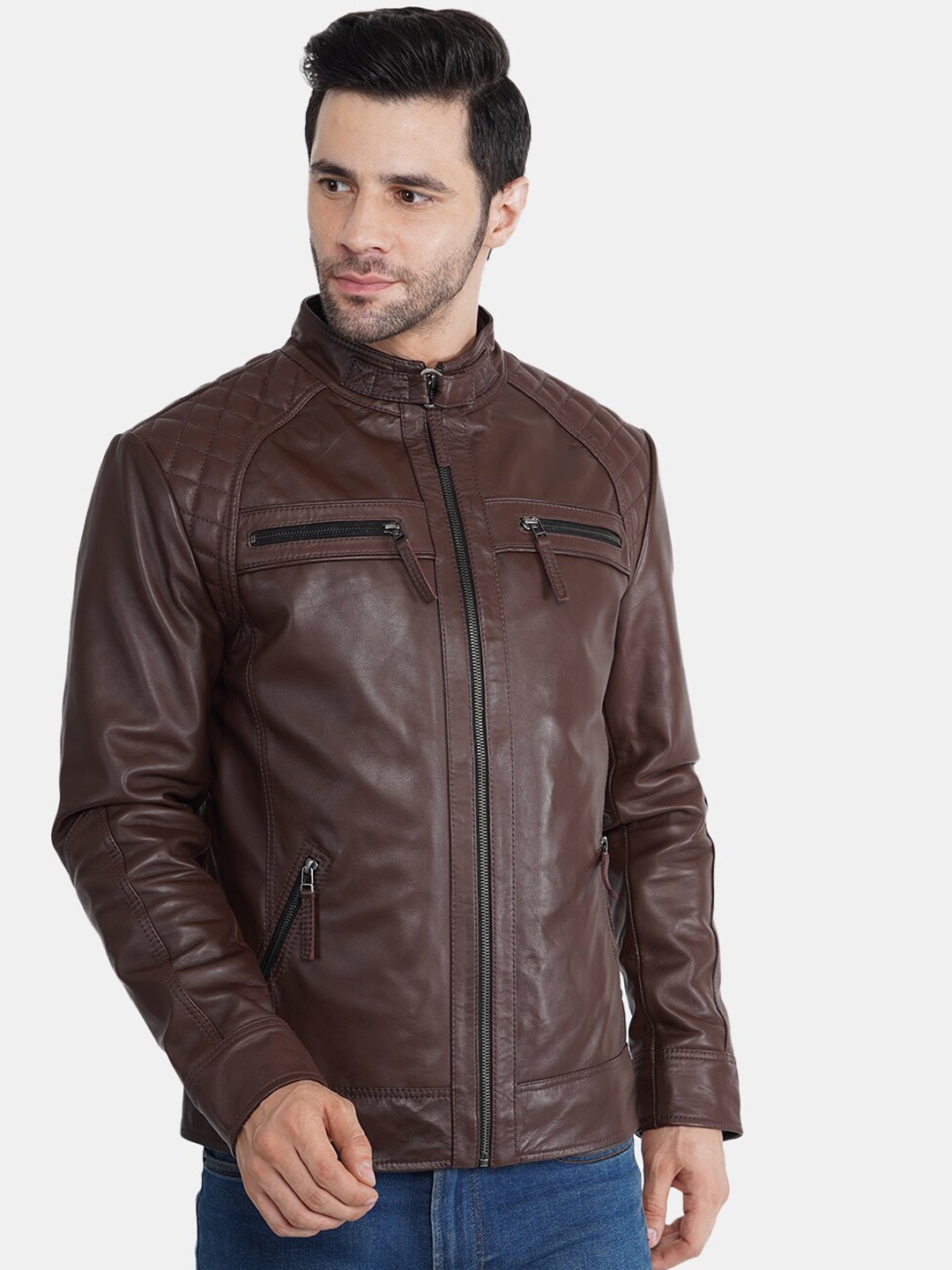 

BuckleUp Men Brown Leather Biker Jacket