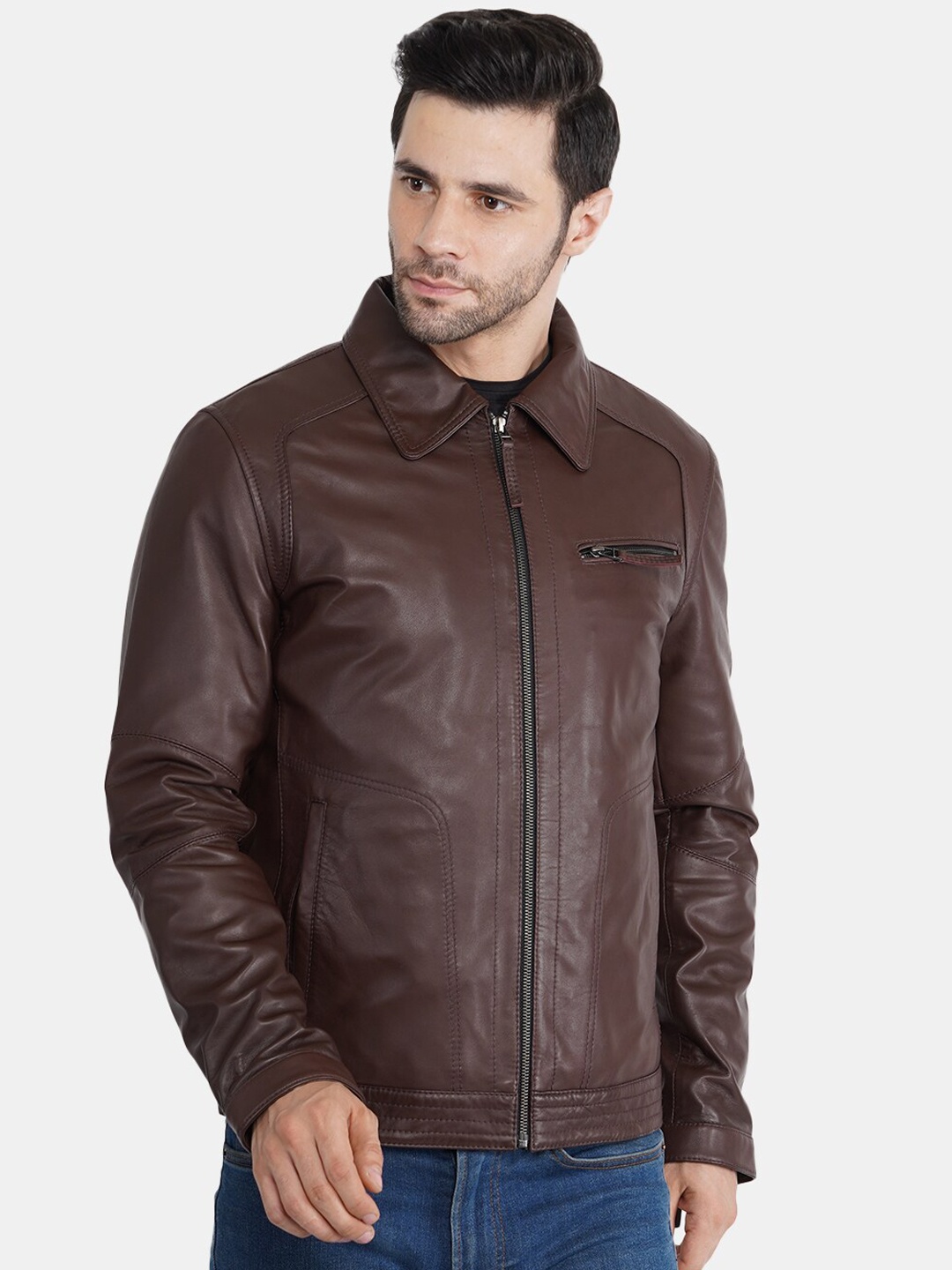 

BuckleUp Men Brown Leather Bomber Jacket